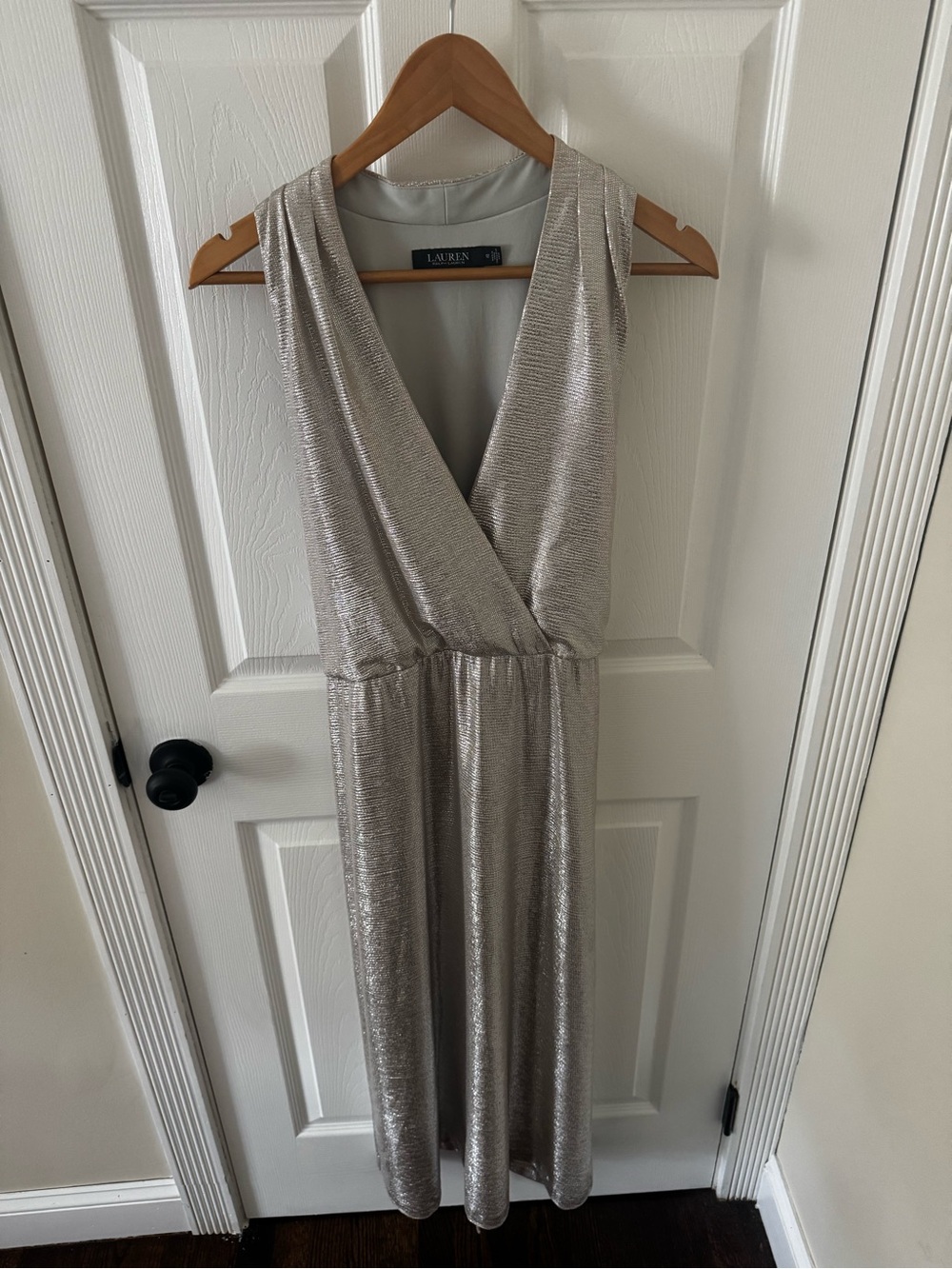 Lauren Ralph Lauren Silver Metallic Sleeveless Surplice Jumpsuit